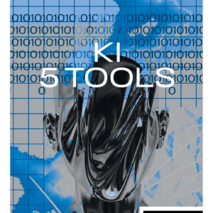 Collage als Produktfoto für das Leistungspaket "KI 5 Tools". Ein Gesicht, das so wirkt, als wäre es aus Metall, keine Augen, Mund, Nase erkennbar. Der Hintergrund ist blau, mit Nullen und Einsen.