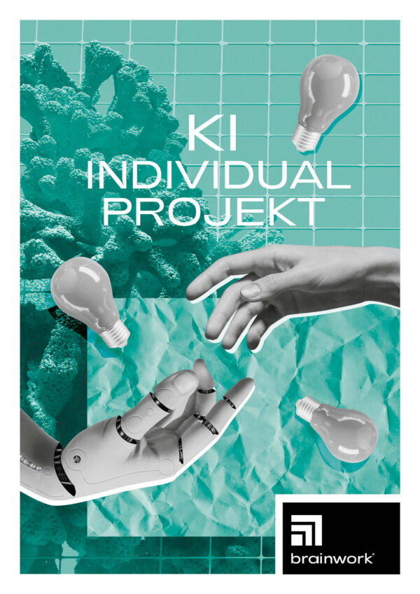 Collage als Produktfoto für das Leistungspaket "KI Individualprojekt". Türkisfarbener Hintergrund mit einer menschlichen und einer Roboter-Hand, die sich fast berühren. Außerdem 3 Glühbirnen im Hintergrund.