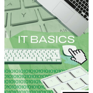 Collage als Produktfoto für das Leistungspaket "IT Basics". Tastaturen und ein Laptop, sowie eine Maus und das Klick-Symbol auf grünem Hintergrund mit Nullen und Einsen.