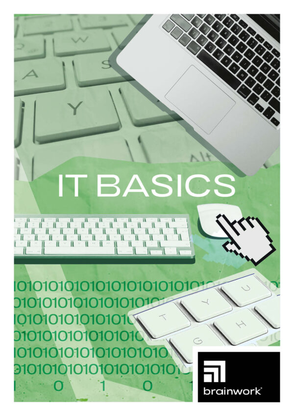 Collage als Produktfoto für das Leistungspaket "IT Basics". Tastaturen und ein Laptop, sowie eine Maus und das Klick-Symbol auf grünem Hintergrund mit Nullen und Einsen.