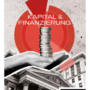 Collage als Produktfoto für das Leistungspaket "Kapital & Finanzierung". Ein Turm aus Münzen steht auf einer Hand. Gebäude am unteren Bildrand. Ein rotes Kreisdiagramm mit einem ausgeschnitten Teilstück im Hintergrund.