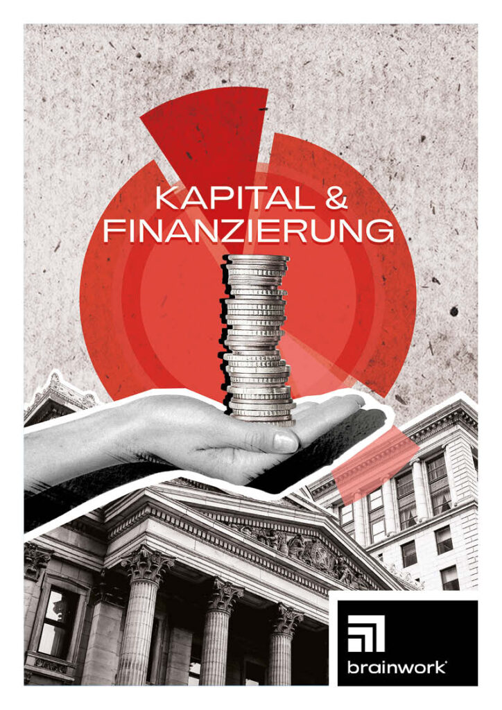 Collage als Produktfoto für das Leistungspaket "Kapital & Finanzierung". Ein Turm aus Münzen steht auf einer Hand. Gebäude am unteren Bildrand. Ein rotes Kreisdiagramm mit einem ausgeschnitten Teilstück im Hintergrund.