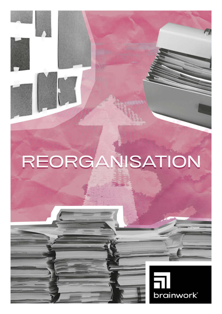 Collage als Produktfoto für das Leistungspaket "Reorganisation". Zahlreiche Aktenordner auf einem pinken Hintergrund.