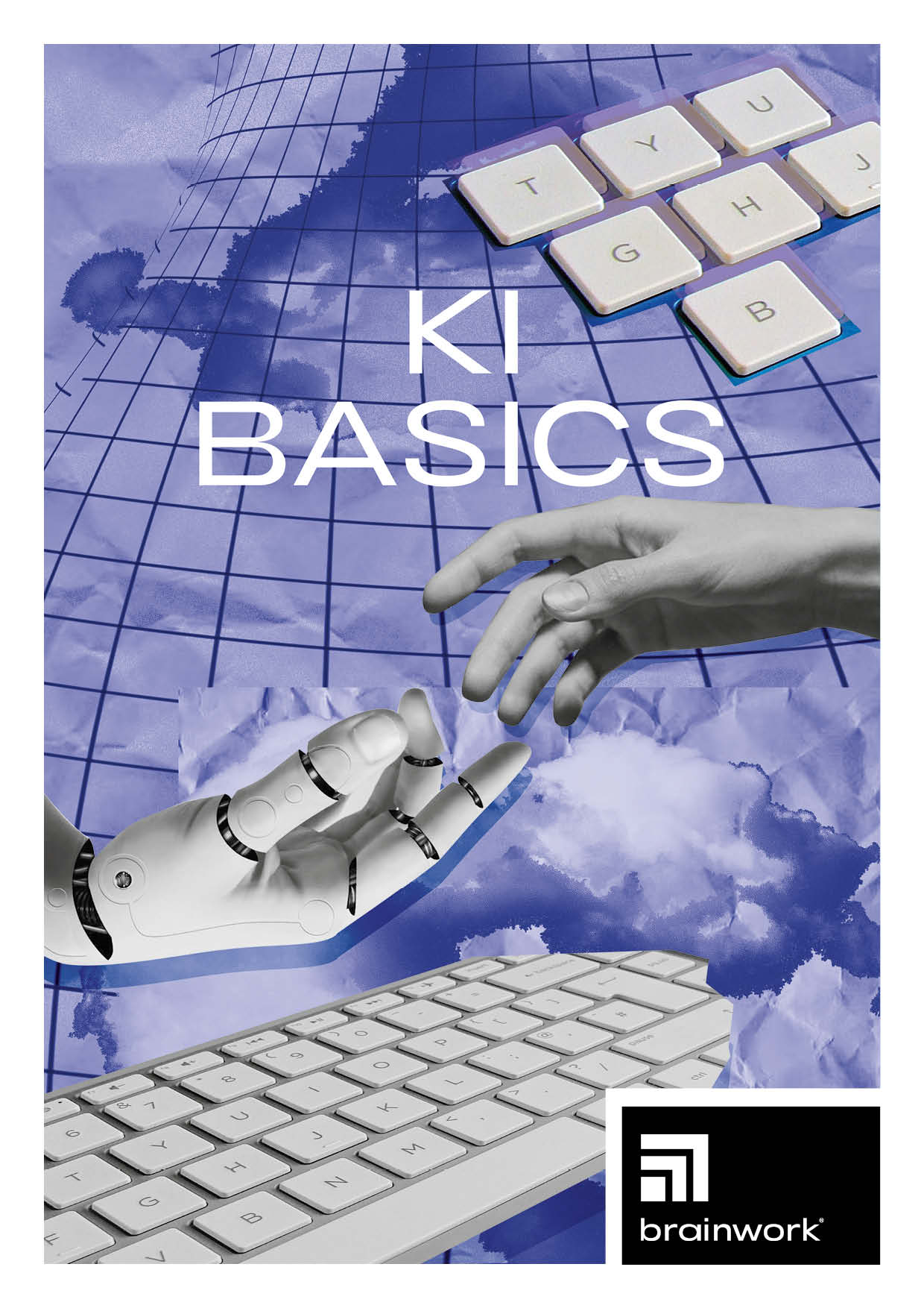 Collage als Produktfoto für das Leistungspaket "KI Basics". Eine menschliche Hand und eine Roboterhand berühren einander fast. Im Hintergrund eine Tastatur und die auf dem WWW-Symbol in lila.