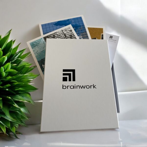 Mockup eines brainwork® Produkts in einer weißen Box mit schwarzem Logo.